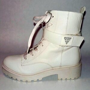 GUESS Women's Combat Boots, Ivory Sz 8.5 Lace-up Block Heel
